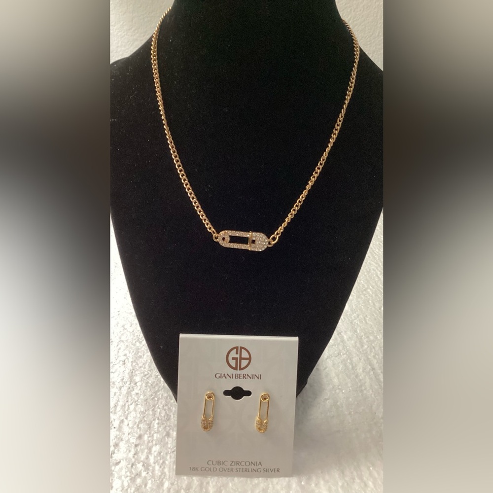 Giani Bernini Gold Safety Pin Necklace and Earrings Set